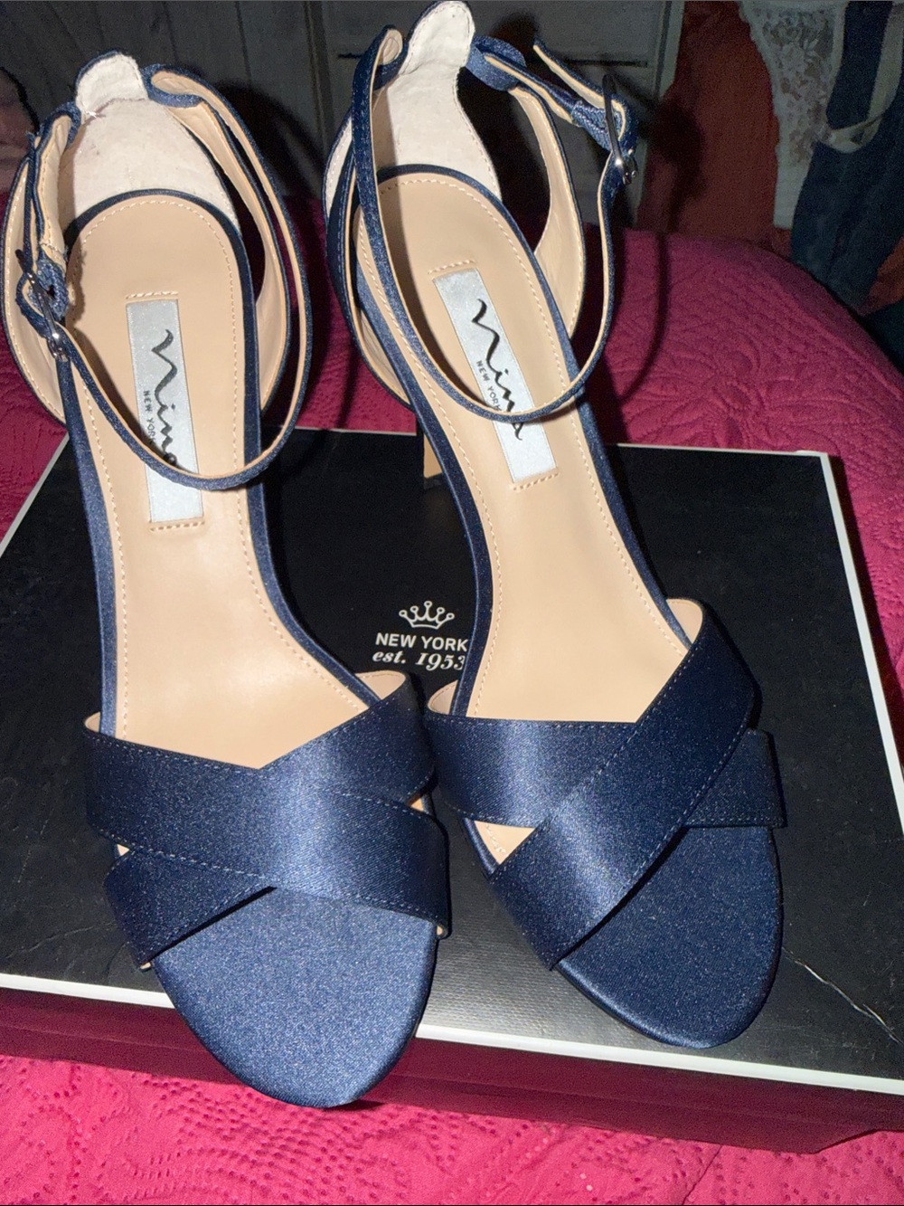 Nina Navy Satin Crisscross Ankle-Strap Heels